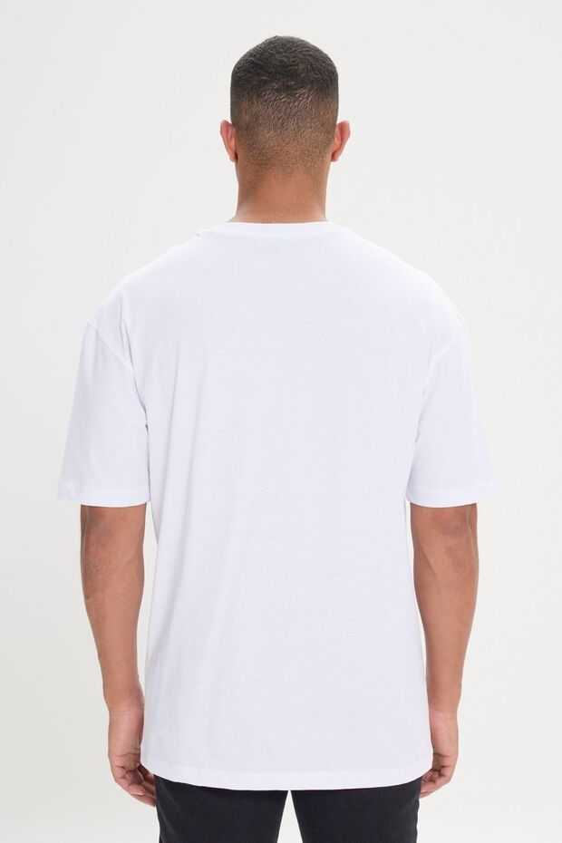 Erkek Beyaz Oversize Bol Kesim Bisiklet Yaka %100 Pamuk Baskılı Tişört - 4