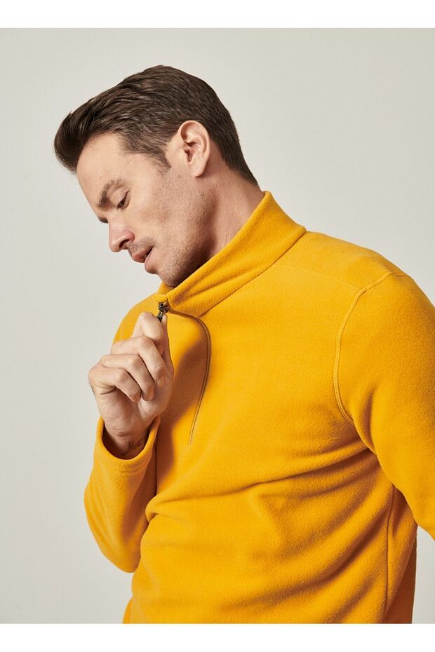 Erkek Sarı Anti-pilling Tüylenme Yapmayan Standart Fit Dik Yaka Soğuk Geçirmez Polar Sweatshirt - 5