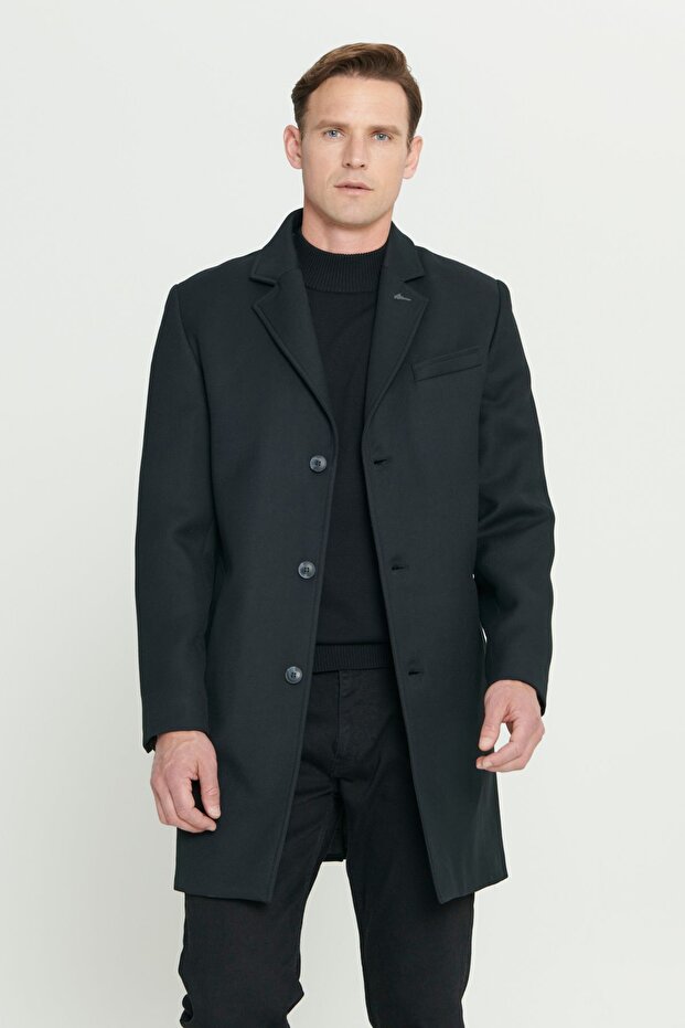 Men's Black Standard Fit Regular Cut Mono Collar Patterned Coat