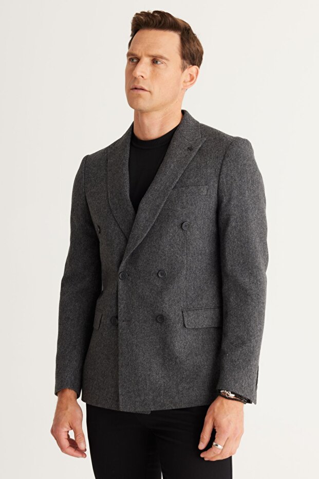 Erkek Siyah Slim Fit Dar Kesim Kırlangıç Yaka Yünlü Kruvaze Blazer Ceket - 2