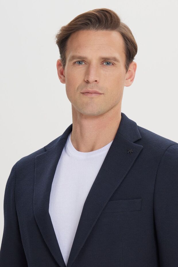 Erkek Lacivert 360 Derece Her Yöne Esneyen Slim Fit Dar Kesim Mono Yaka Blazer Ceket - 4