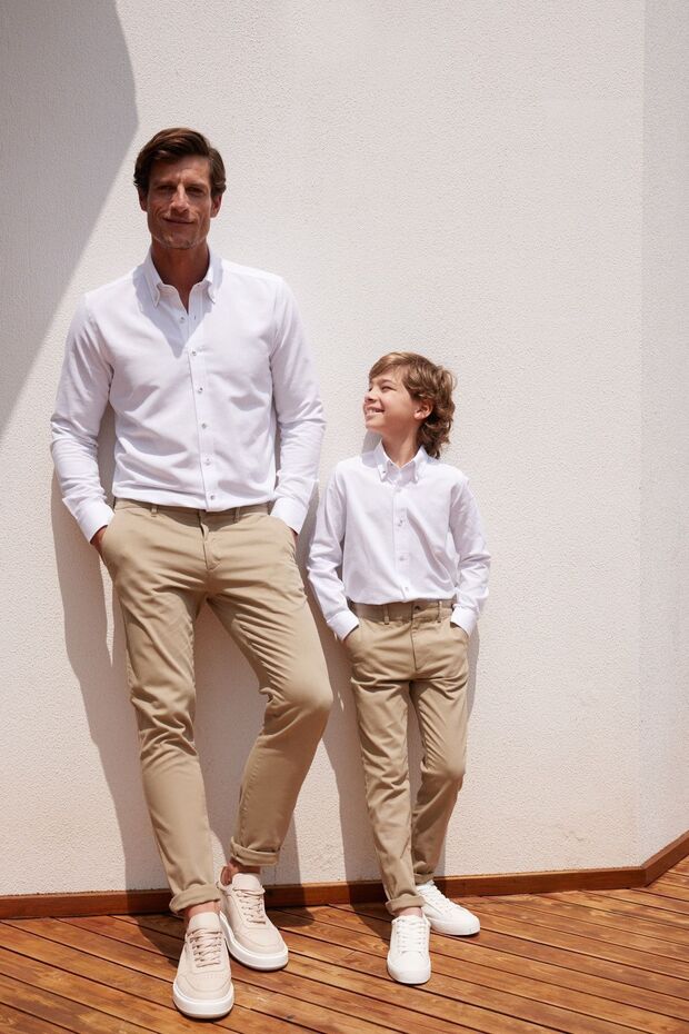 Beige Slim Fit Slim Fit Cotton Stretchy Children's Chino Pants with Side Pockets