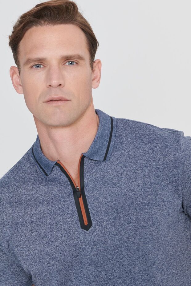 Erkek Lacı Melanj Slim Fit Dar Kesim Fermuarlı Polo Yaka Pamuklu Kısa Kollu Tişört - 4