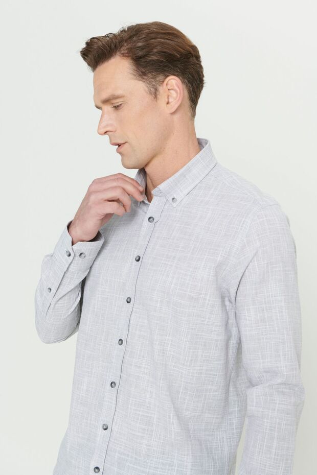 Erkek Antrasit Slim Fit Dar Kesim Düğmeli Yaka Keten Görünümlü %100 Pamuk Flamlı Gömlek - 4