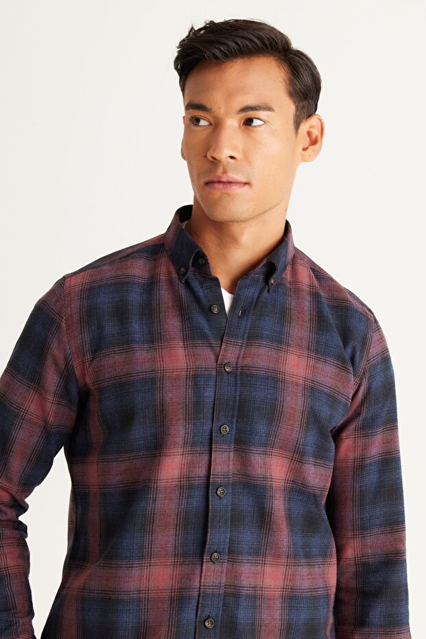 Erkek Lacivert-Bordo Slim Fit Dar Kesim Düğmeli Yaka Pamuklu Gömlek - 4