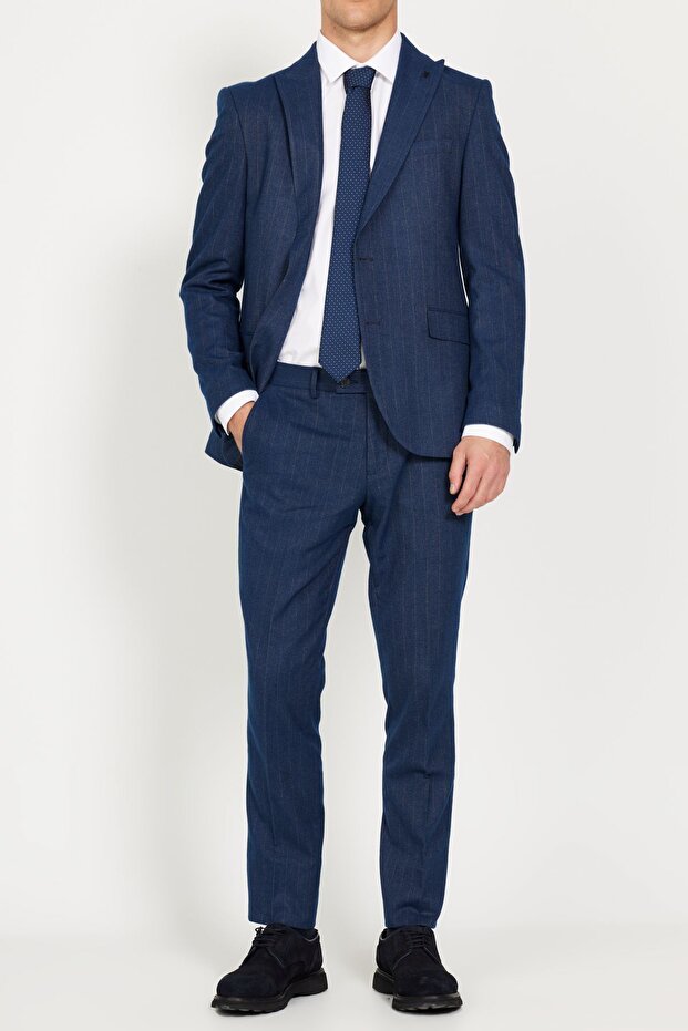 Erkek Lacivert Ekstra Slim Fit Dar Kesim Kırlangıç Yaka Çizgili Takım Elbise - 5