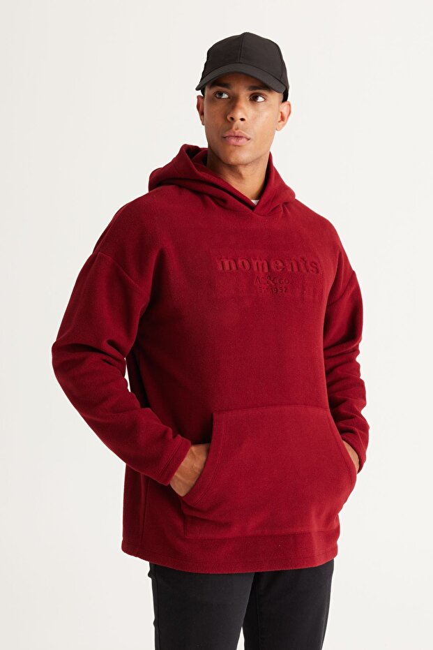 Men's Burgundy Oversize Loose-Fit Hooded Fleece Sweatshirt