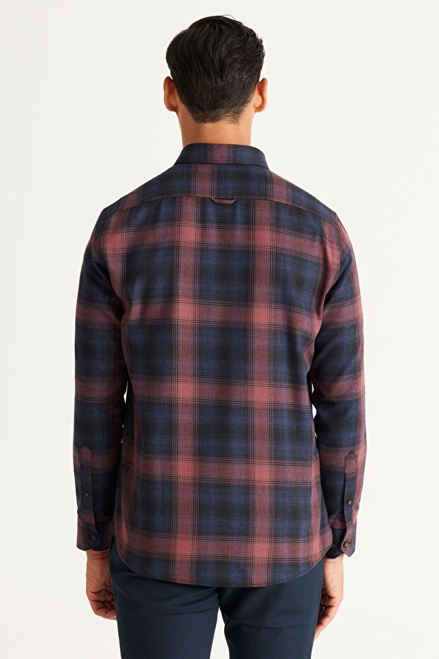 Erkek Lacivert-Bordo Slim Fit Dar Kesim Düğmeli Yaka Pamuklu Gömlek - 5