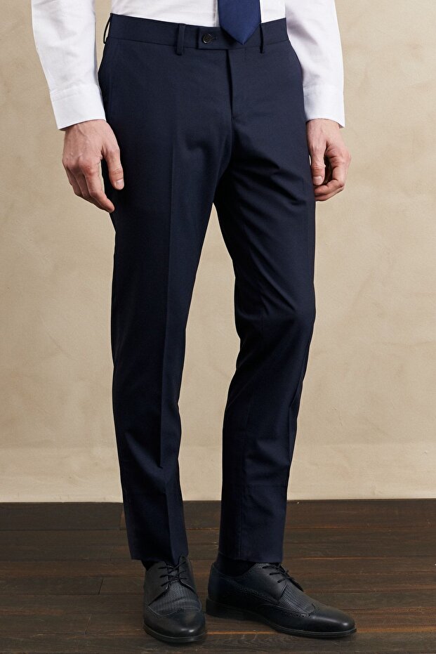 Erkek Lacivert Slim Fit Dar Kesim Mono Yaka Yelekli Yünlü Su Ve Leke Tutmayan Nano Takım Elbise - 6