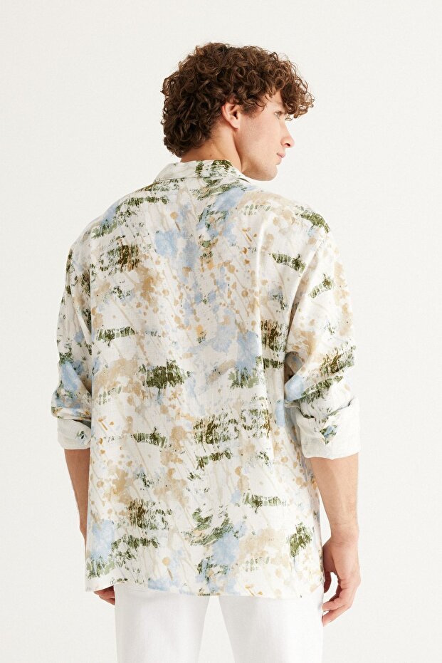 Erkek Ekru-mavi Keten Oversize Bol Kesim Küba Yaka Baskılı Gömlek - 8