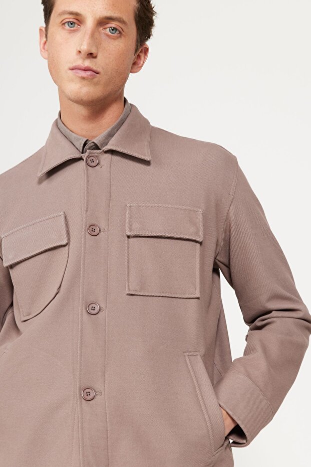 Erkek Koyu Bej Oversize Fit Bol Kesim Klasik Yaka Pamuklu Desenli Gömlek Ceket - 5