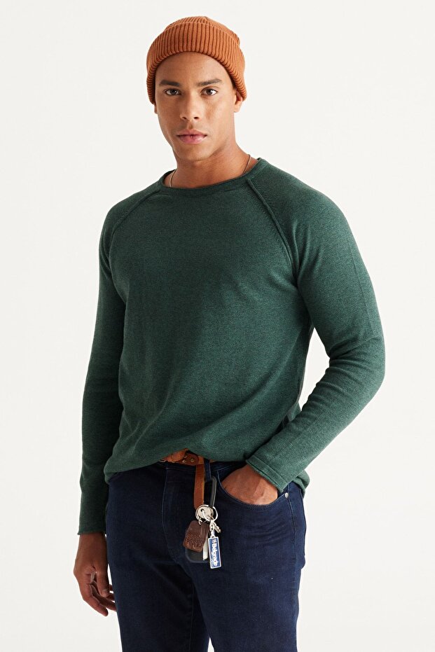Men's Green Standard Fit Regular Cut Crew Neck Cotton Muline Patterned Knitwear Sweater