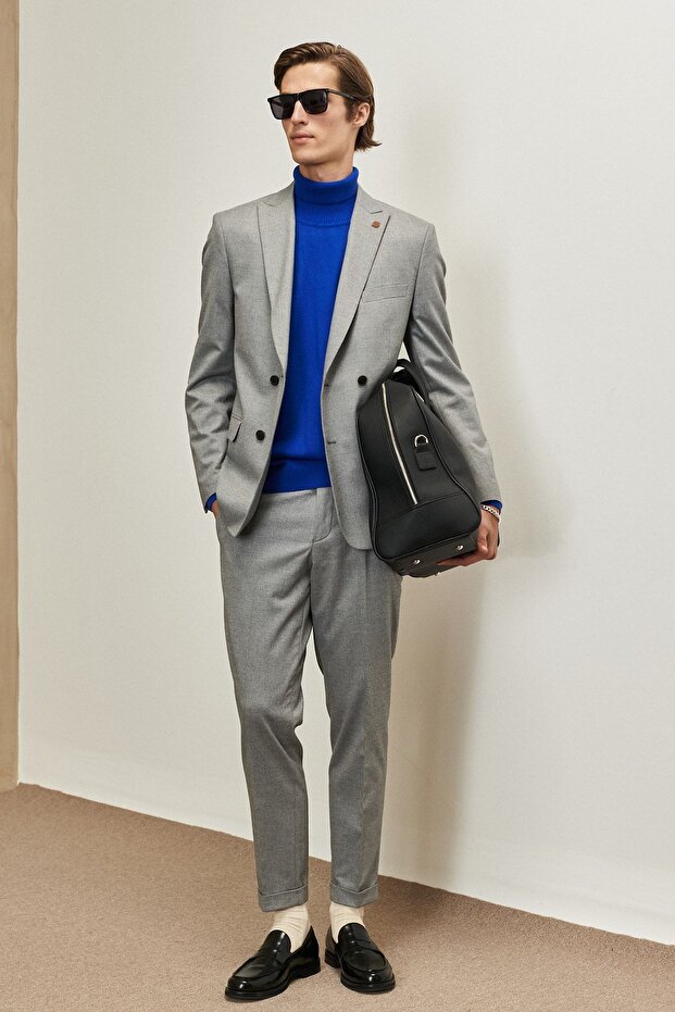 Szary męski garnitur slim fit z jaskółczym kołnierzem, dwurzędowy - 3