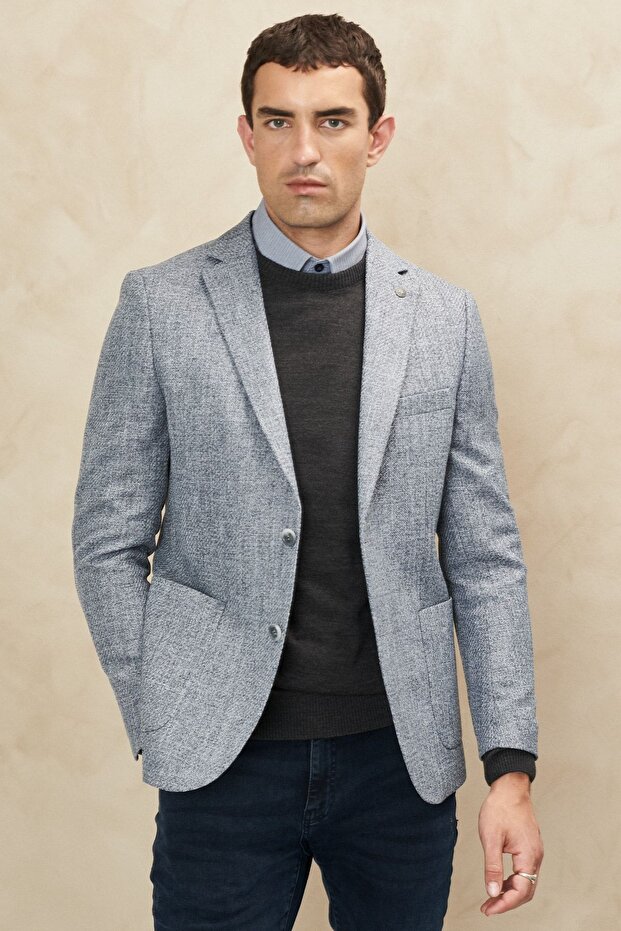 Erkek Antrasit Slim Fit Dar Kesim Mono Yaka Desenli Ceket - 5