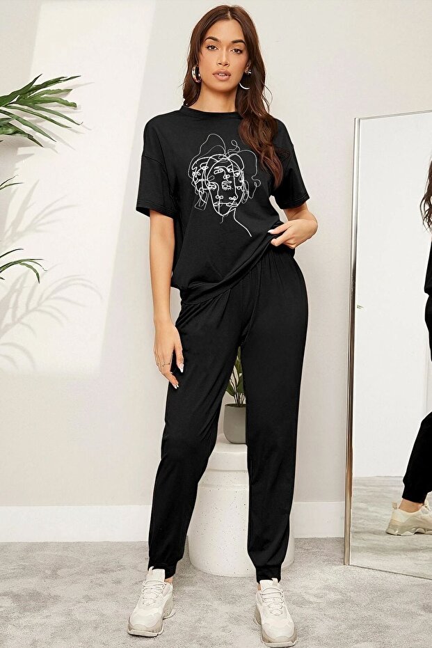 Unisex Woman One Line Printed 2-Piece Tracksuit Set