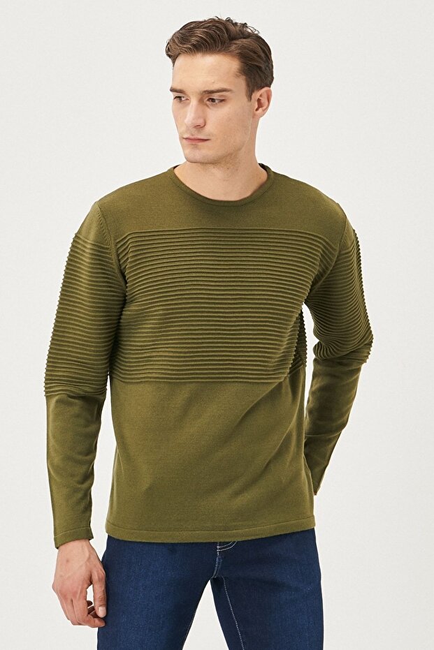 Men's Open Khaki Standard Fit Normal Cut Crew Neck Knitwear Sweater Without Pilling