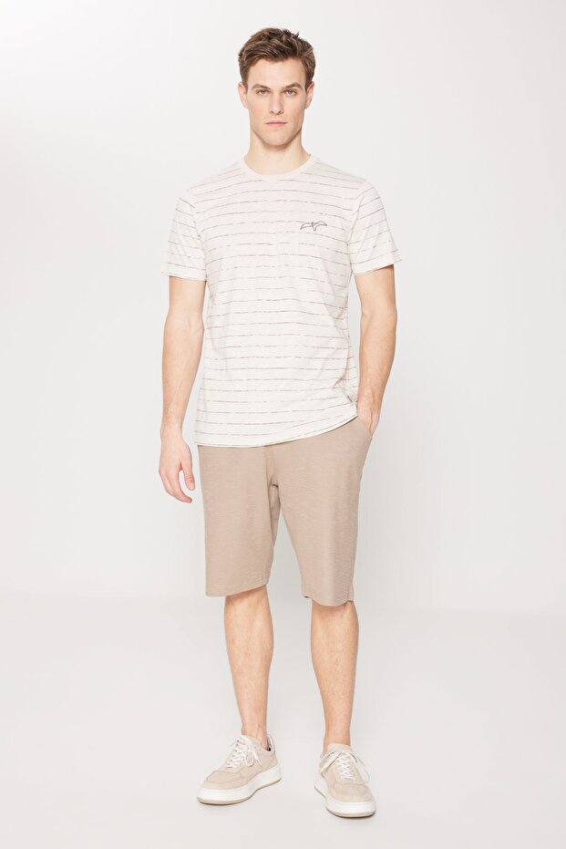 Beige-Brown Crew Neck Cotton Striped Pajamas Set - Standard Fit