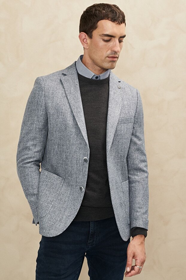 Erkek Antrasit Slim Fit Dar Kesim Mono Yaka Desenli Ceket - 1