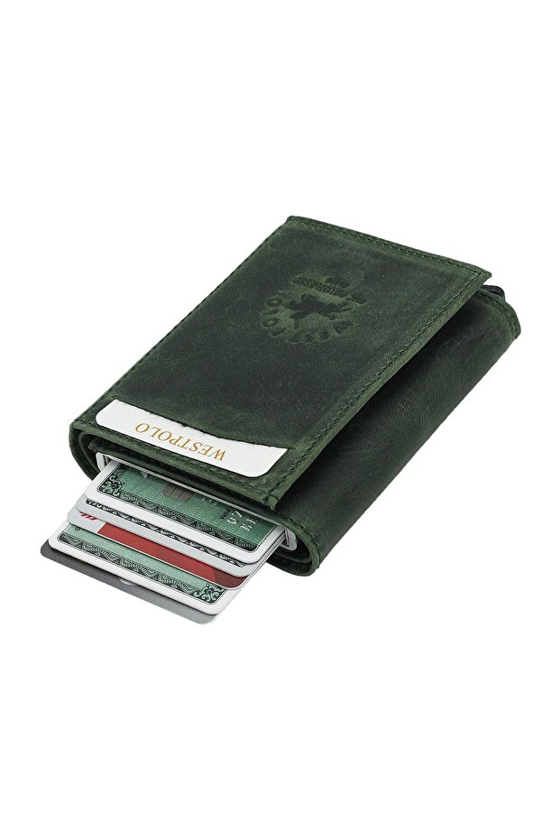 West Polo Genuine Antique Leather Unisex Mechanism Wallet Card Holder