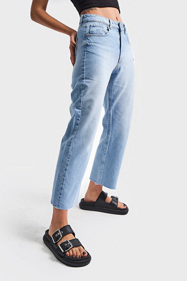 Blue Cropped Cotton Denim Women's Trousers - 100% Alimentación