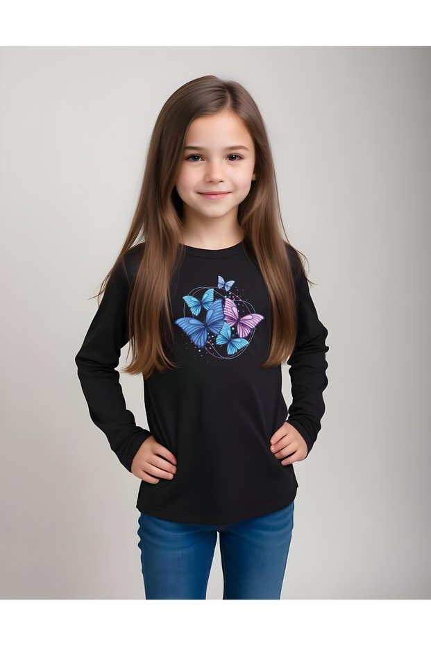 Butterfly Pattern Printed Girls' Round Neck Black Sweatshirt