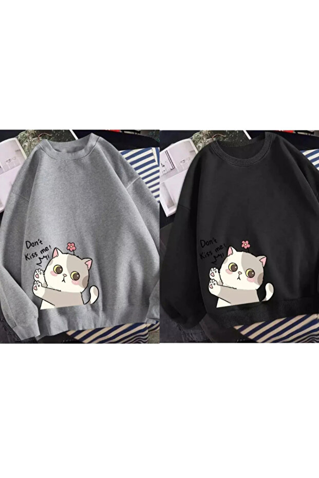 2-PACK WOMEN'S CAT PRINTED ZERO COLLAR SAWEATSHIRT DAXİS Sportwear Company
