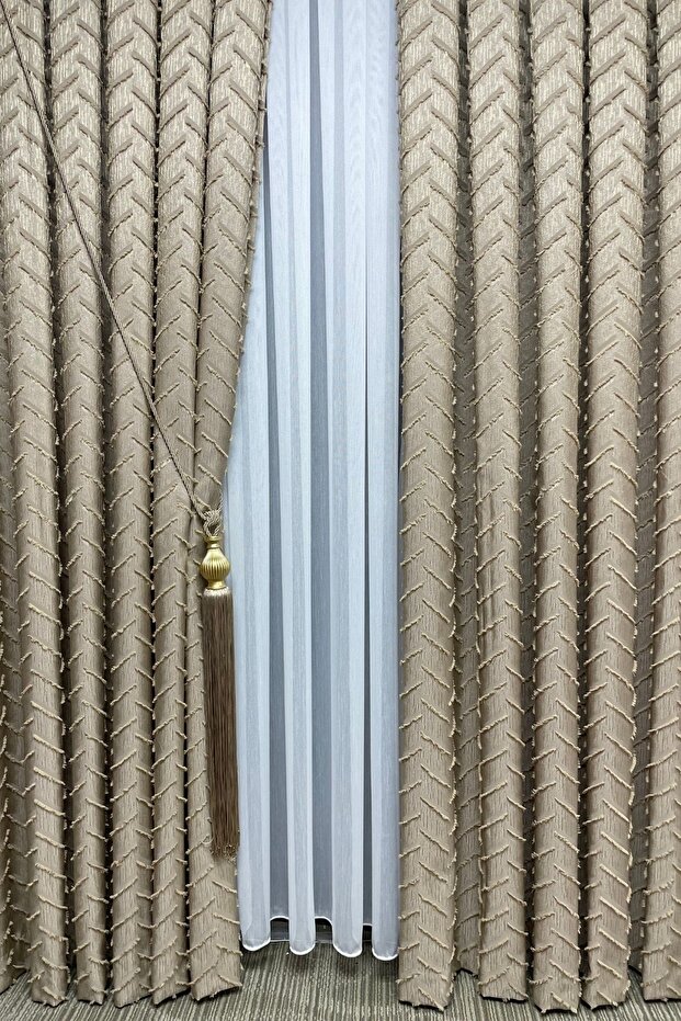 Beige Harmony Series Tasseled Background Curtain - 3 Close Pleats to 1