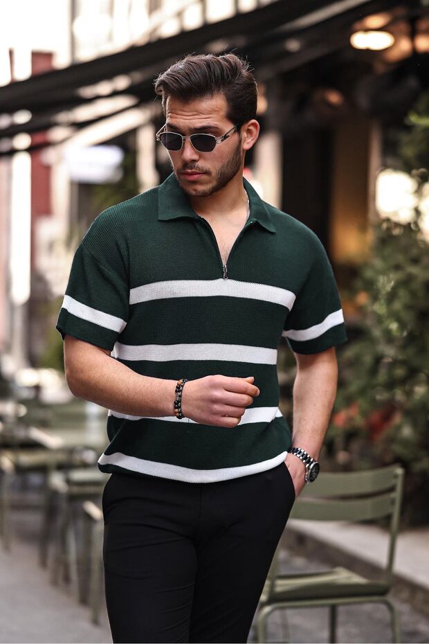 Half Zippered Striped Knitted T-Shirt