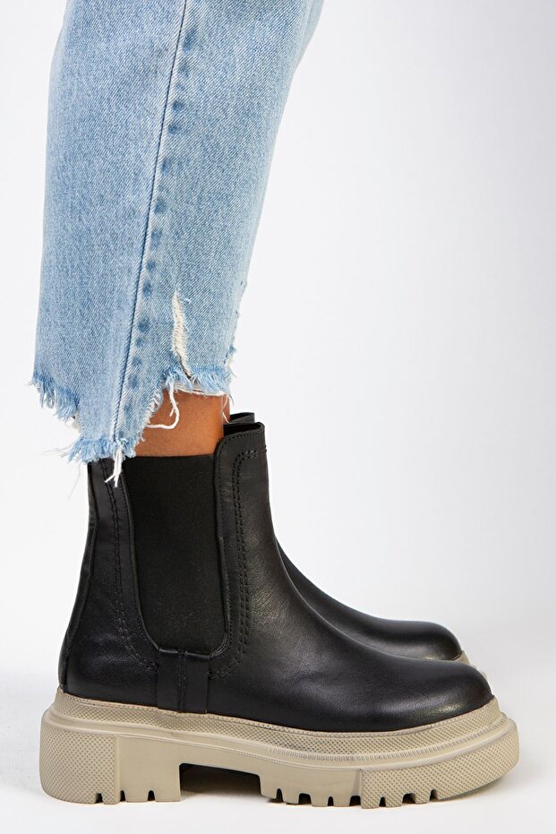 Emma Women's Genuine Leather Black Beige Boots with Double Sides Elastics