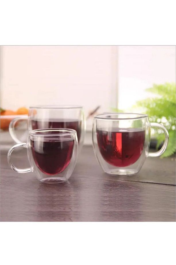 Neskafe Çay Fincanı Çift Cidarlı Cam Kupa 250 ml Kulplu Cam Bardak 2 Adet 2037 - 7