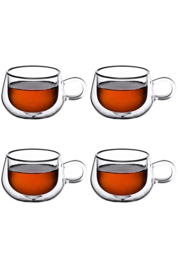 Yeni Tasarım Çift Cidarlı 200 ml Kulplu Cam Bardak, Neskafe Fincanı, Çay Kupası, 4 Adet 2673 - 1