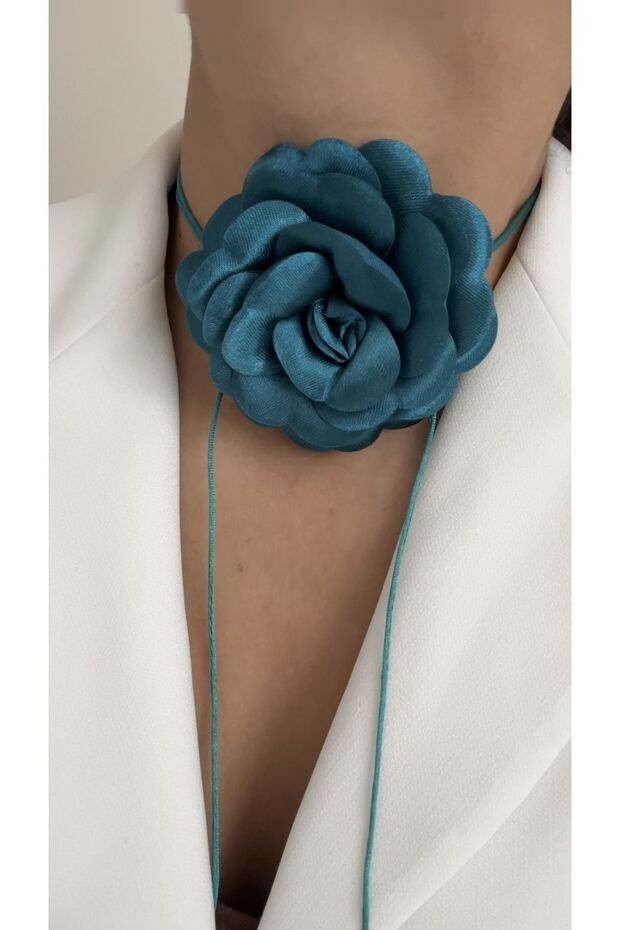Bağcıklı Kumaş Çiçek Choker Kolye Gül Kolye - 2