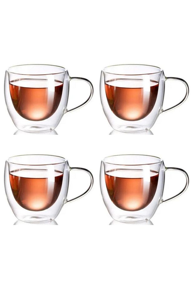 Neskafe Çay Fincanı Çift Cidarlı Cam Kupa 250 ml Kulplu Cam Bardak 4 Adet 2037 - 1