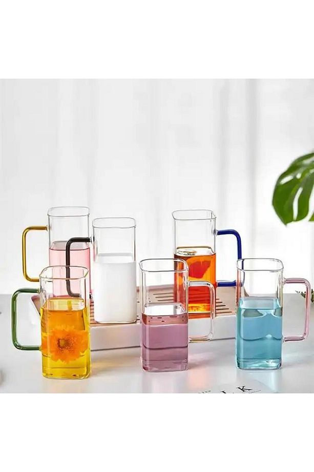 Yeni Nesil Kare Cam Füme Kulplu Latte,meşrubat,nescafe,süt,su Bardağı 350 ml 4 Adet - 6