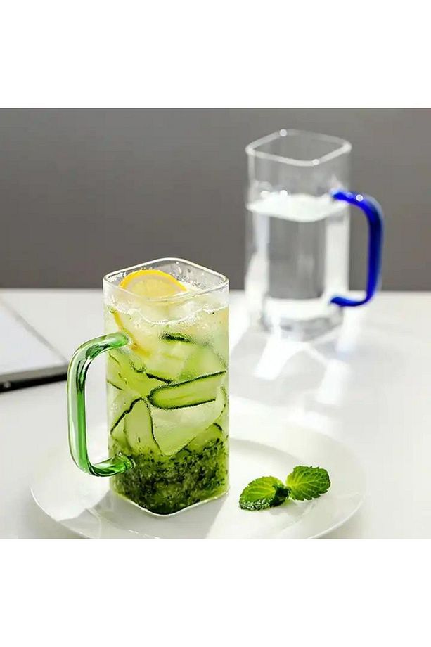 Yeni Nesil Kare Cam Yeşil Kulplu Latte, Meşrubat, Neskafe, Süt, Su Bardağı 350 ml 3 Adet - 5