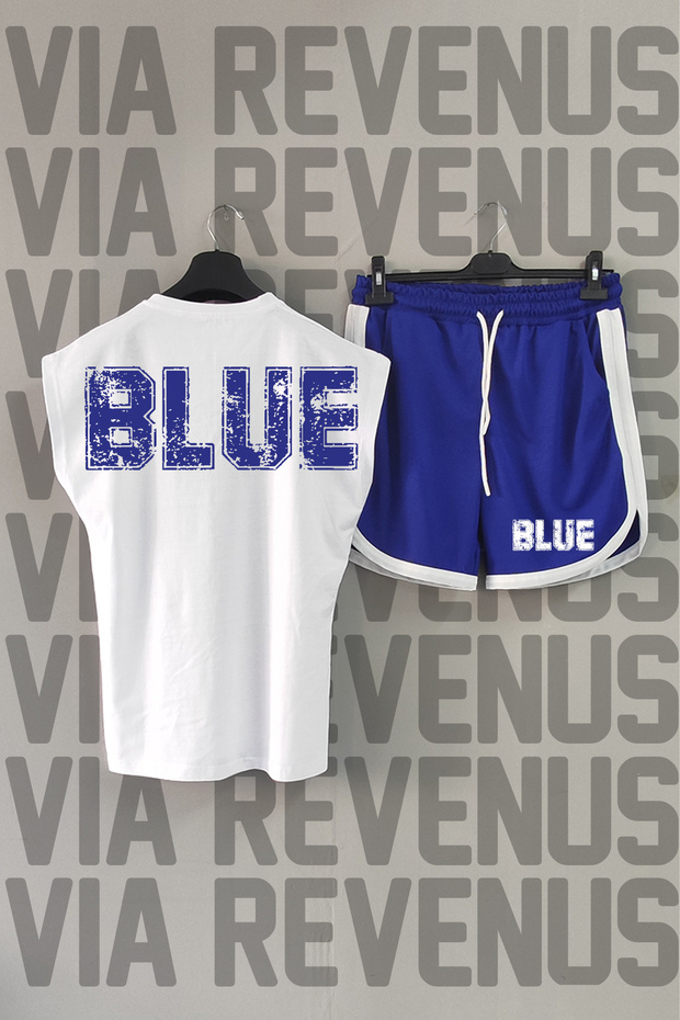 Blue Back Printed Zero Sleeve Crew Neck White Sports Tshirt and Blue Sports Shorts Set