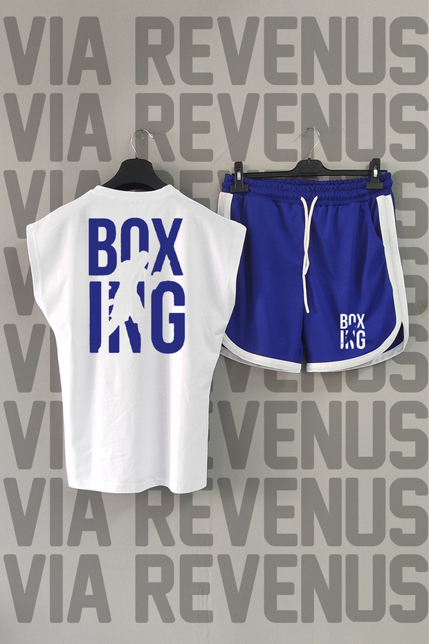Boxing Back Printed Zero Sleeve Crew Neck White Sports Tshirt and Blue Sports Shorts Set