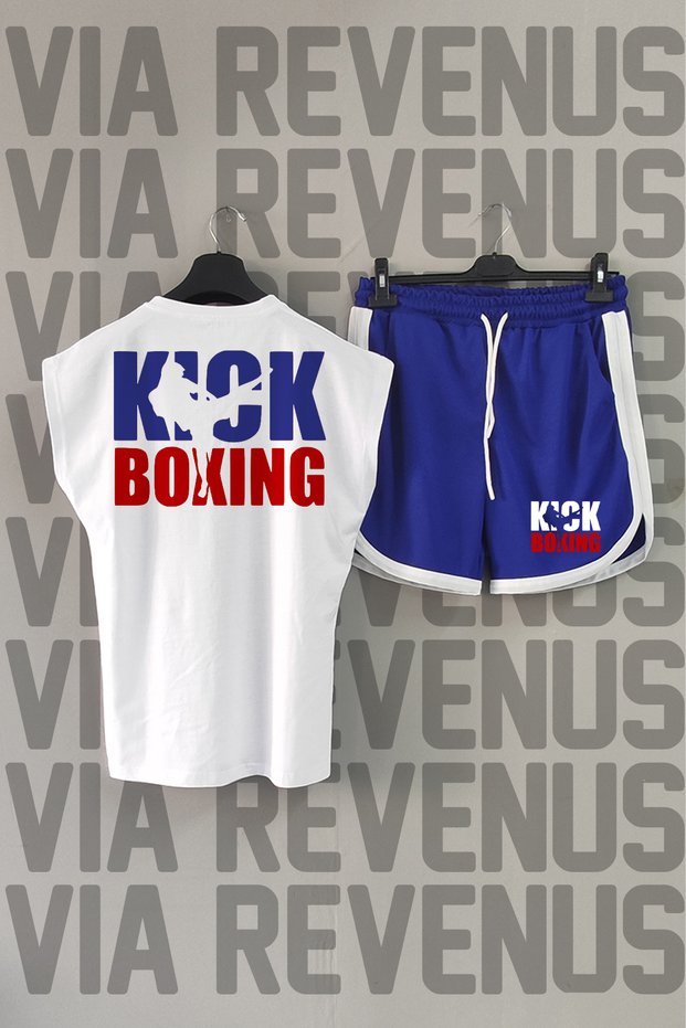 Kick Boxing Back Printed Zero Sleeve Crew Neck White Sports Tshirt and Blue Sports Shorts Set