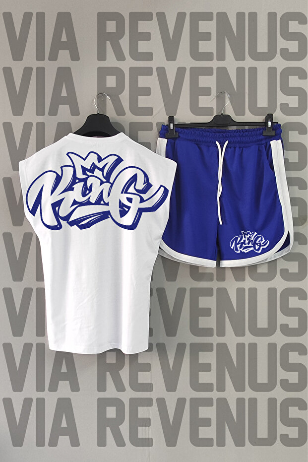 King Back Printed Sleeveless Crew Neck White Sport T-shirt and Blue Sport Shorts Set