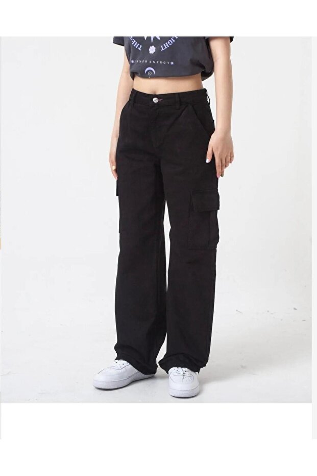 Black Cargo Pocket Women's Trousers High Waist
