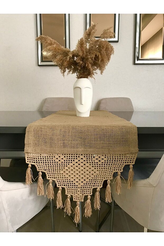 Knitted Motif Tasseled Jute Fabric Runner 40x90 Cm
