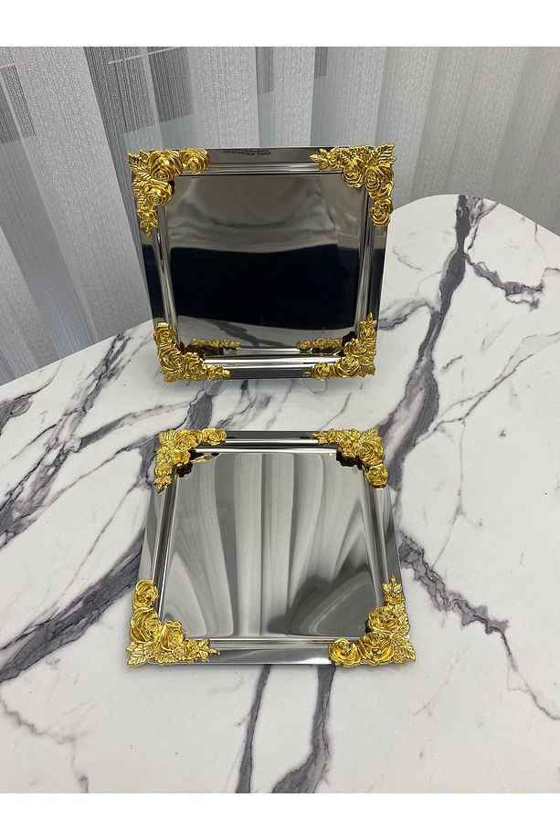 2'Li Lüx  4 köşesi Çiçekli Gümüş Kare  Kaplama Model çay,kahve,ikram servis Sunum Tepsisi 21x21 - 1