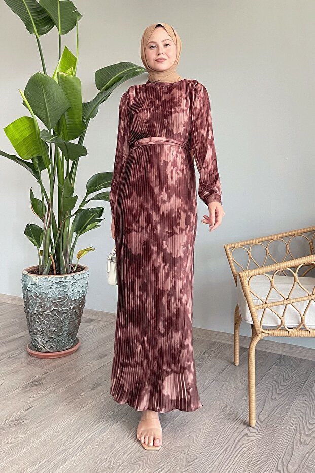 Brown Satin Tie-Dye Pleated Dress