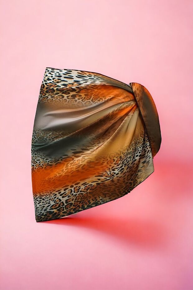 Orange Brown Leopard Patterned Short Pareo Satin Women's Beach Dress New Season
