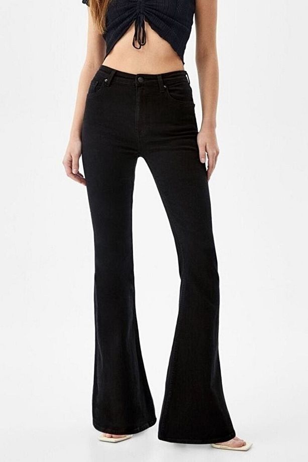 Emilia Flare Jeans Ispanyol Kot Yüksek Bel Solmaz Siyah Ispanyol Kot Pantolon ( Likralı ) - 3