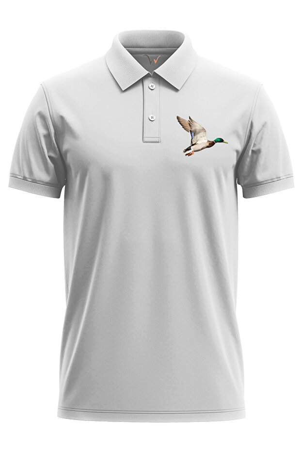 Regular Fit 100% Cotton Polo Collar White T-Shirt with Special Hunting Mountaineering Design Mallard Print