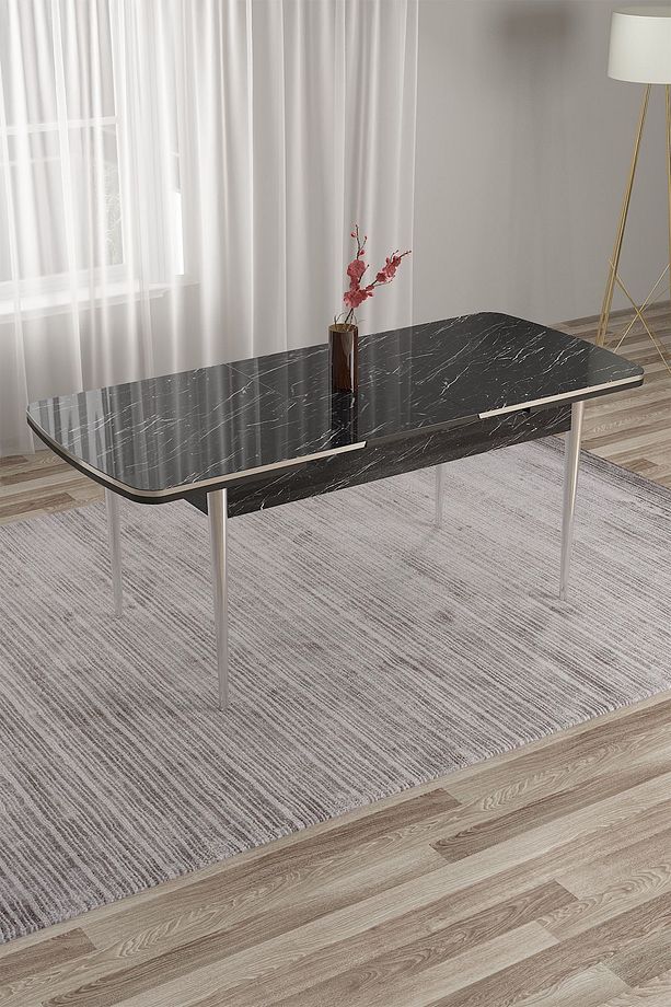 Tia Serisi 80x132 Açılabilir Mdf Mutfak Masası Siyah Mermer Desen Masa Krom Detay - 2