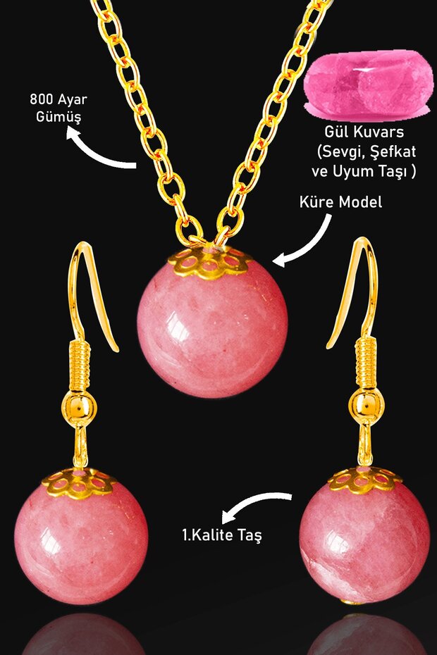 Certified Gold Sphere Model Rose Quartz Stone Necklace and Earring Set - with Silver Fittings