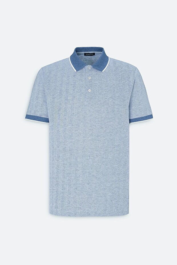Erkek Mavi Slim Fit Dar Kesim Pamuklu Jakarlı Polo Yaka Tişört - 5