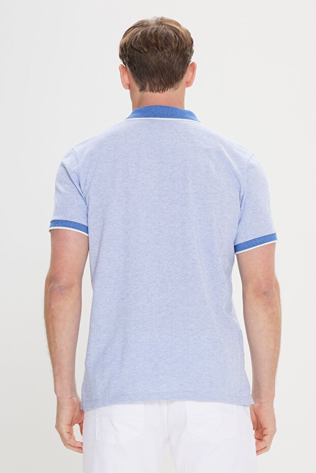 Erkek Mavi Slim Fit Dar Kesim Pamuklu Jakarlı Polo Yaka Tişört - 4